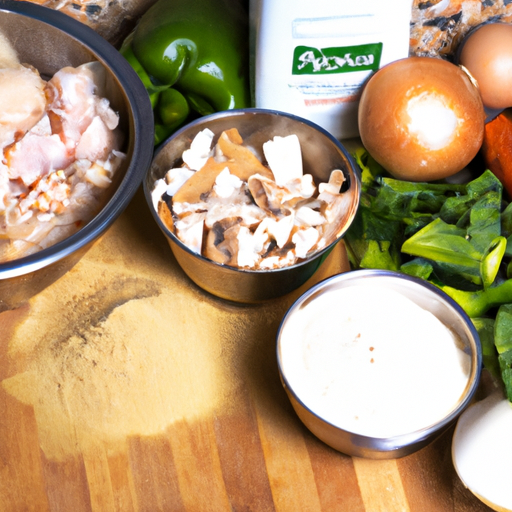 Fresh ingredients for making chicken pot pie, including cooked chicken, mixed vegetables, and pie crust